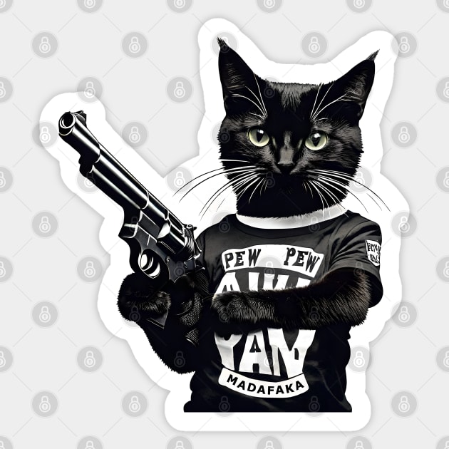 Crazy Cat Pew Pew Madafakas Vintage Funny Cat Owners Sticker by AlexBRD